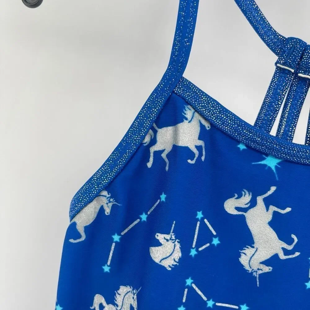 SO Girls Blue Unicorn Constellation Swimsuit 6 6X One Piece Sparkle Strappy Back